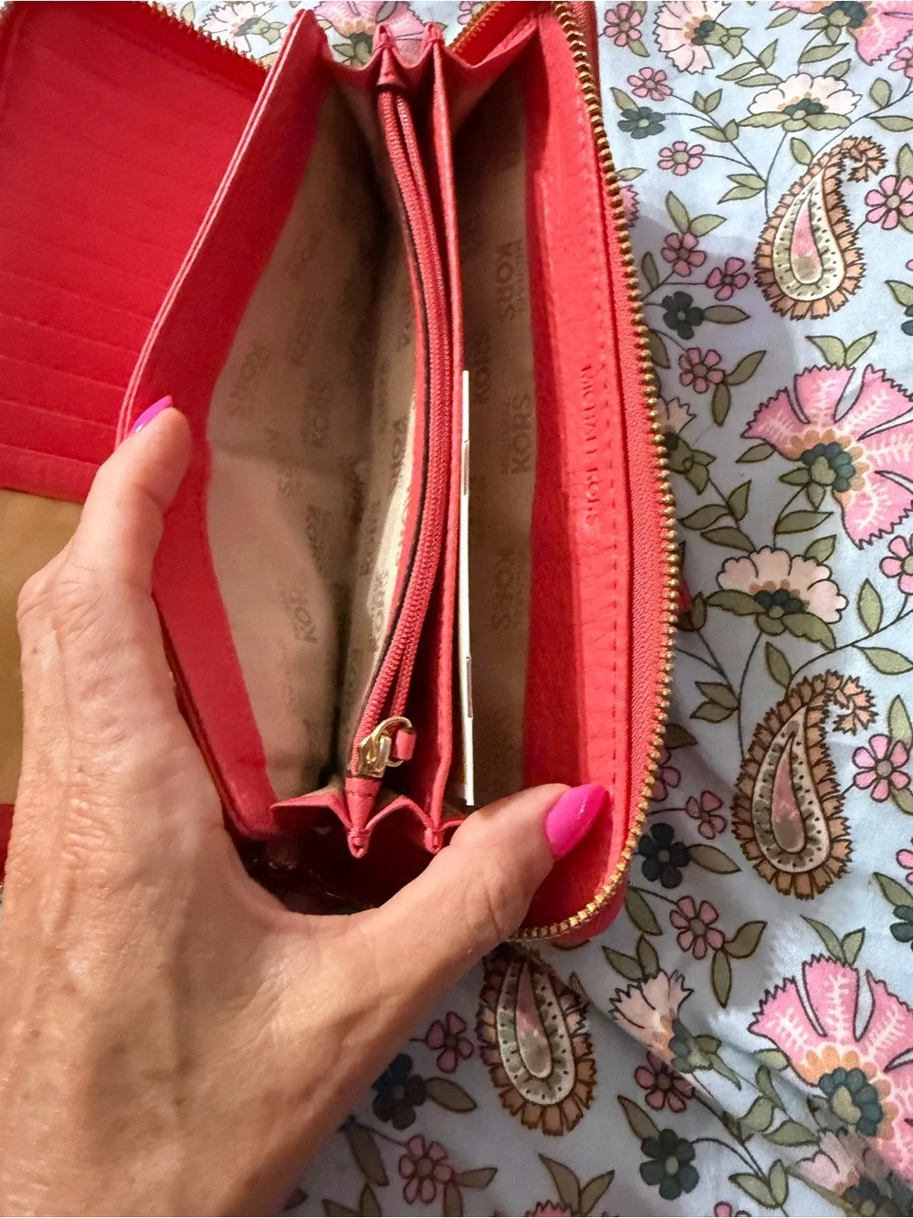 Michael Kors Coral-Pink Pebbled Leather Wristlet Wallet with Gold Plaque